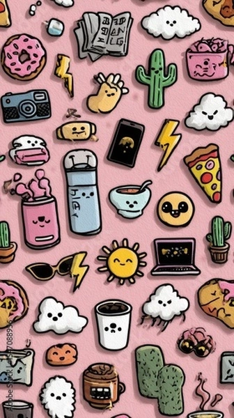 Obraz Kawaii Doodle Sticker Set: Minimalist Random Cute Elements with Pastel Background