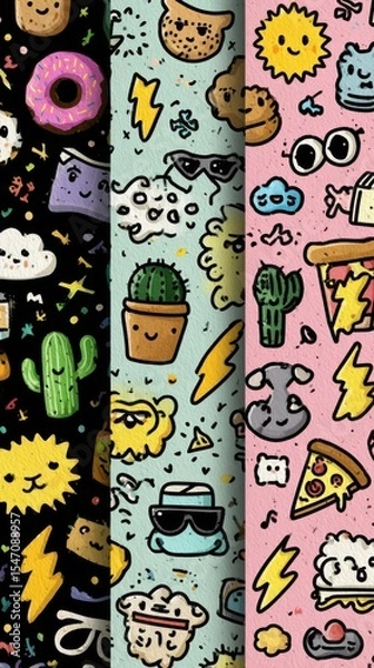 Obraz Kawaii Doodle Sticker Set: Minimalist Random Cute Elements with Pastel Background