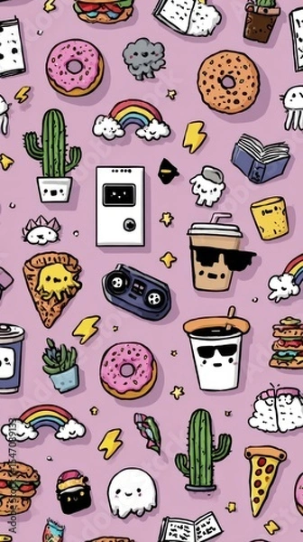 Obraz Kawaii Doodle Sticker Set: Minimalist Random Cute Elements with Pastel Background