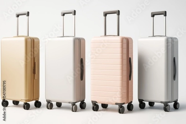 Fototapeta Stylish modern travel suitcases in metallic and pastel colors on light background for luggage and tourism concept. Ai generative.