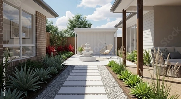 Fototapeta A stylish outdoor space features a modern fountain, garden beds with various plants, and outdoor furniture. Clean lines and a mix of textures create an inviting ambiance.