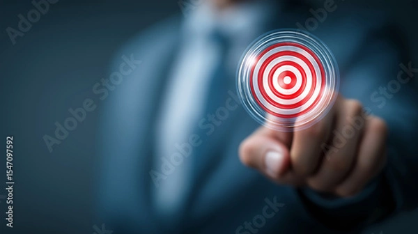 Obraz Aiming for winning goal concept. Business strategy, Company target achievement, business goal or objective to achieve. Businessman show virtual target icon for business objective