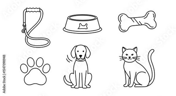 Fototapeta Vector outline drawing of a dog, cat, leash, paw print, bone, and pet bowl arranged in a neat display here