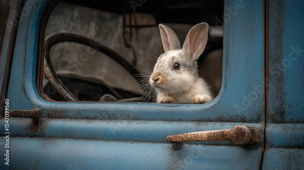 Obraz Happy rabbit in Truck and look from window
