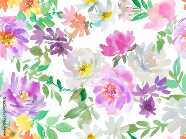 Obraz PNG seamless pattern of abstract purple peonies and wild flowers painted in watercolor. Hand painted floral textile design with transparent background. Botanical wall paper for wedding invitations.