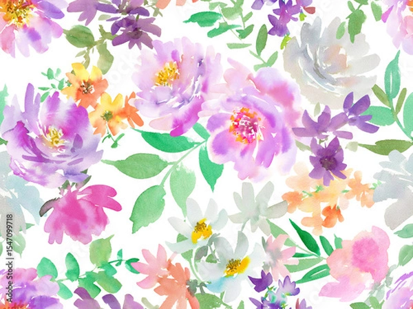 Obraz PNG seamless pattern of abstract purple peonies and wild flowers painted in watercolor. Hand painted floral textile design with transparent background. Botanical wall paper for wedding invitations.

