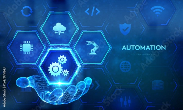 Fototapeta Robotic Process Automation software icon in wireframe hand. RPA. Smart industry. IOT and Automation concept as an innovation, improving productivity in technology and business processes. Vector.