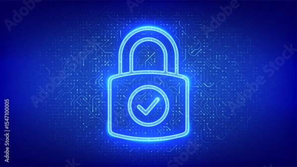 Fototapeta Padlock icon. Cybersecurity and data protection concept. Padlock with Check mark icon. Network safety. Information privacy idea. Circuit board pattern. PCB printed circuit texture. Vector illustration