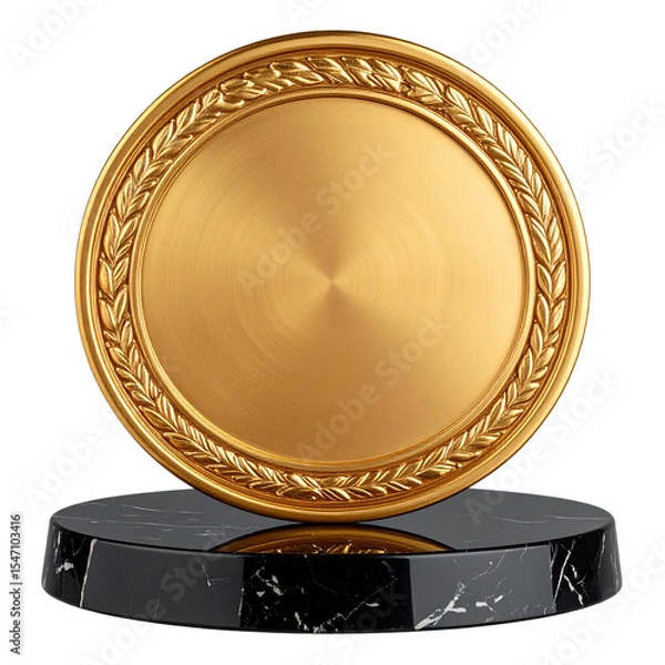 Obraz “Round Golden Plate Trophy on Black Marble Base, Front View, PNG”
