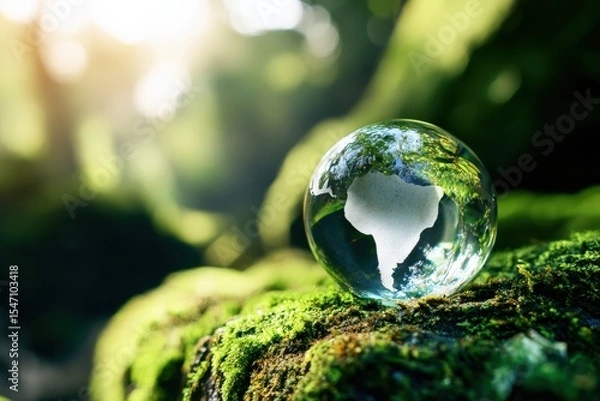 Fototapeta Crystal globe resting on a mossy rock in a lush forest, symbolizing environmental protection and World Environment Day