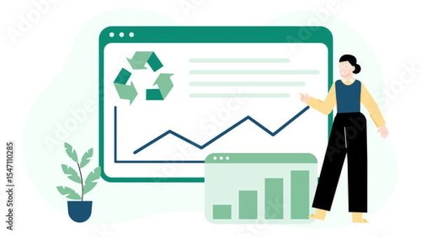 Fototapeta Woman presenting successful recycling program growth graphs; suitable for sustainability reports, ecofriendly presentations, and environment related websites.