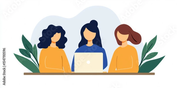 Fototapeta Illustration of three women sitting together with a laptop, surrounded by green leaves, symbolizing teamwork and collaboration.