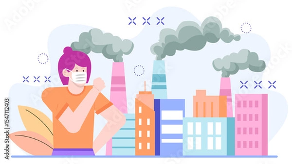Fototapeta Masked figure by smoky factories in polluted city; ideal for environmental activism, pollution awareness campaigns, ecofriendly websites, and climate change graphics.