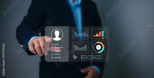 Obraz Businessman selecting candidate on a digital dashboard interface, analyzing talent profiles and data-driven HR insights for recruitment, teamwork, leadership, and workforce management.