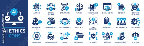 Fototapeta AI ethics icon set. Containing data privacy, guidelines, artificial intelligence, ethical dilemma, bias detection, fairness, explainable AI, transparency and more. Solid vector icons collection.