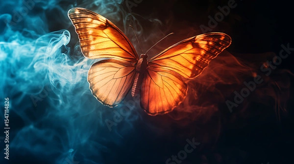 Fototapeta Elegant butterfly floating in a dreamy smoky atmosphere with vibrant orange and blue tones artistic image