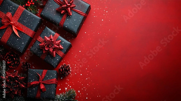 Fototapeta Elegant christmas gift boxes with red ribbons and decorative festive elements on a deep red gradient background