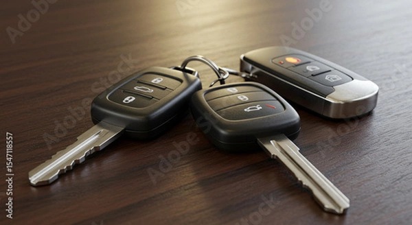 Fototapeta Close-up of three car keys on a wooden surface, representing vehicle access and security