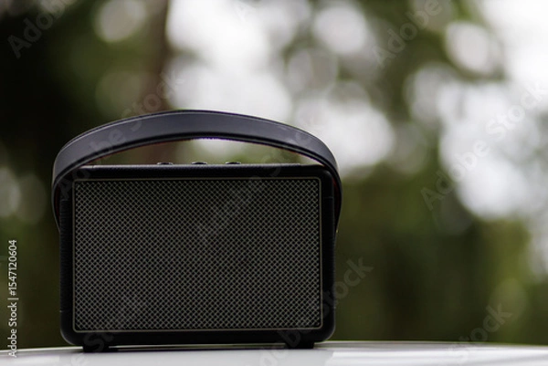 Obraz Portable square speaker on the table, listen to music in the middle of nature, carry music with you while traveling, portable music