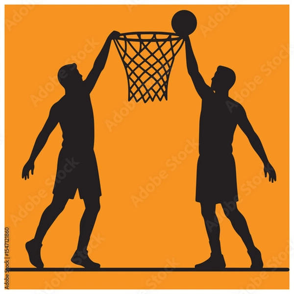 Fototapeta Silhouetted basketball players action shot dunking the ball in orange background
