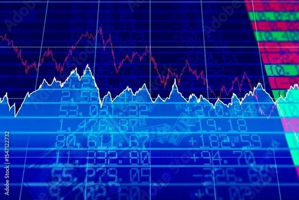 Fototapeta Flat financial chart is showing colored line graphs on blue grid with numerical tickers and columns
