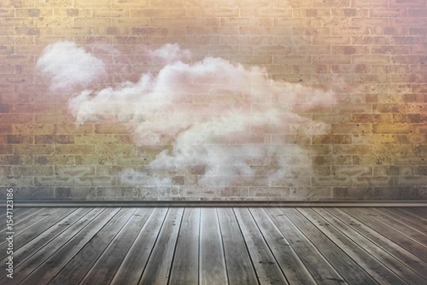 Obraz Flat design studio is showing weathered brick wall with white cloud-shaped paint and wooden floor