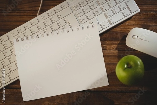 Obraz Keyboard with mouse and green apple on table
