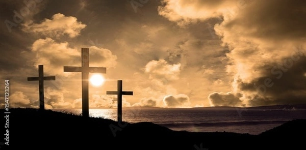 Obraz Cross religion symbol shape over sunset sky