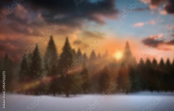 Obraz Row of evergreen trees is standing on snow clearing in flat design, with glowing sunset clouds