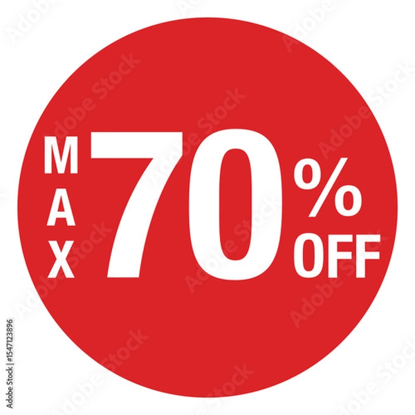 Obraz ”MAX70％OFF ”の文字入り　円形のイラスト　赤色　白文字　背景透過
