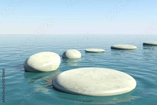 Fototapeta Flat design smooth circular stones are floating on calm blue water under clear pale sky