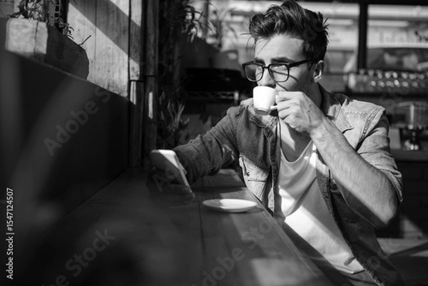 Obraz Man using mobile phone while having cup of tea