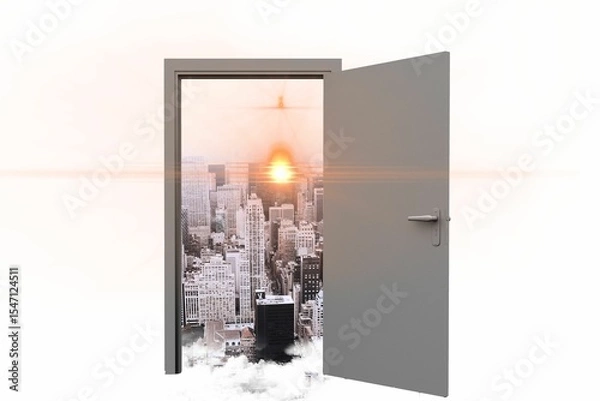 Obraz Open door with cityscape and sunlight