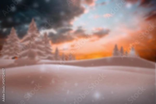 Obraz Flat design scene is showing snowdrifts framing glowing sunset sky with pine trees, falling flakes