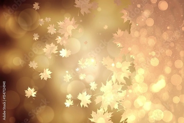 Fototapeta Pale gold maple leaf silhouettes are drifting in abstract design scene with circular bokeh shapes