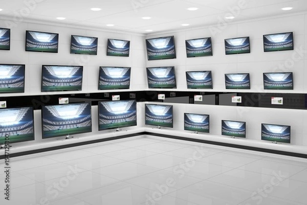 Obraz Flat design showroom is showcasing flat-panel TVs displaying stadium scene with price tags