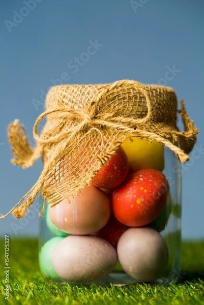 Fototapeta Easter eggs in jar on field