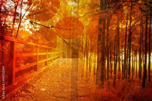 Fototapeta Wooden walkway with railing is being shown in flat vector design within autumn forest leaf overlay
