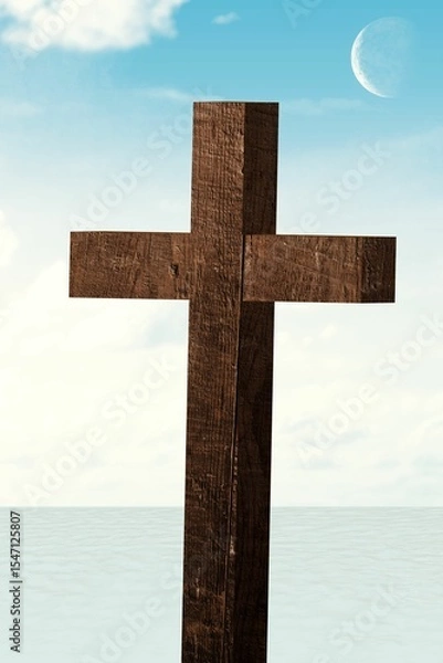 Fototapeta Wooden cross is standing above calm sea in flat design, showing wispy clouds and crescent moon