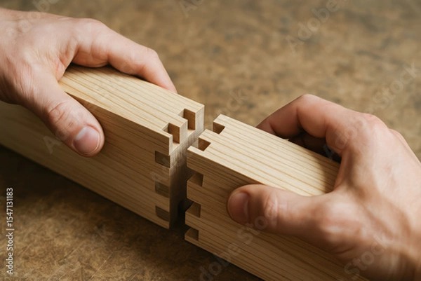 Fototapeta Wooden joint connection with hands holding two pieces of wood demonstrating sustainable engineering work in carpentry and woodworking craft
