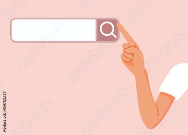 Fototapeta Hand Pointing to a Search Bar Vector Cartoon Illustration. person is browsing the internet in user interface
