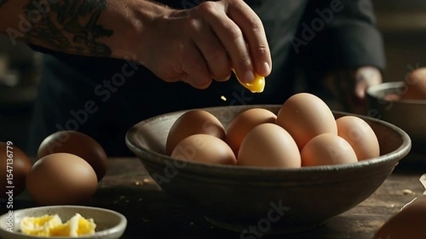 Fototapeta Slow Motion of Chef Cracking Eggs into Bowl with Ambient Kitchen Sounds