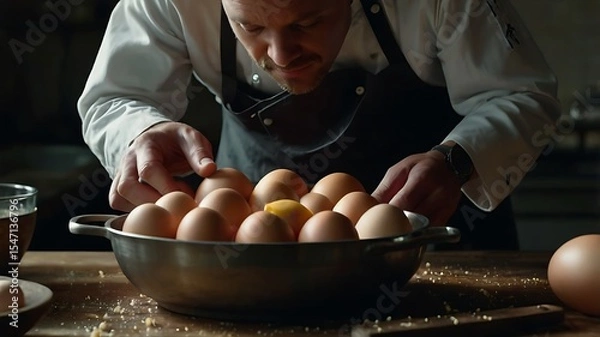Fototapeta Slow Motion of Chef Cracking Eggs into Bowl with Ambient Kitchen Sounds