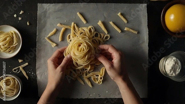Fototapeta Hands-Only Overhead View of Homemade Pasta Crafted from Scratch with Rustic Charm
