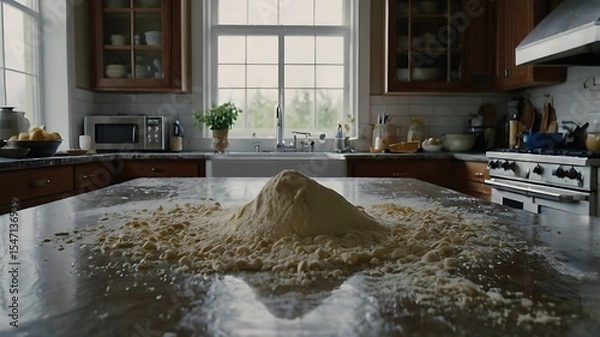 Fototapeta Immersive POV of Kitchen Counter Mid-Recipe with Flour Clouds and Realistic Spills