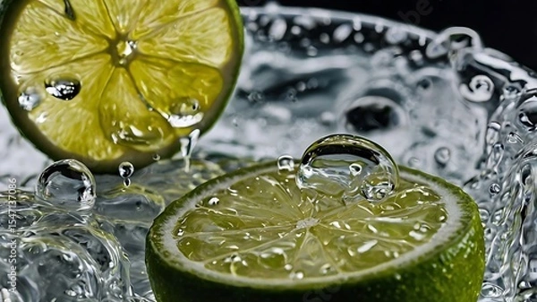 Fototapeta Macro Shot of Soda Fizz Bubbling Beside Fresh Lime Slice in Refreshing Detail
