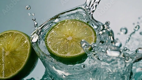 Fototapeta Macro Shot of Soda Fizz Bubbling Beside Fresh Lime Slice in Refreshing Detail