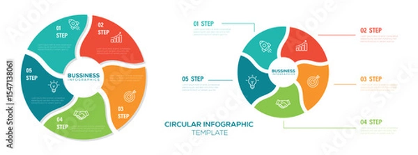 Obraz Business infographic template. Vector infographic label design with circle infographics design with 5 steps. Circular pie chart divided into 5 colorful sectors.