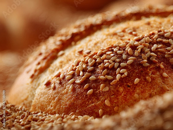 Fototapeta Close-up of Fresh Bread Roll Topped with Sesame Seeds