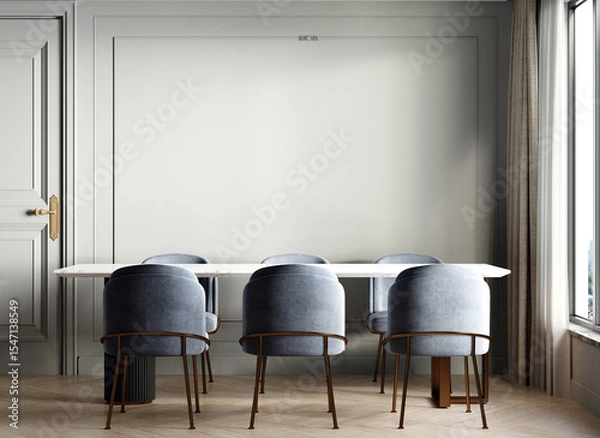 Fototapeta Modern home living and dining room with luxury chairs and dining table and white pattern wall background. 3d render.